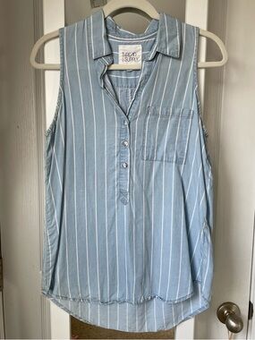 Thread & Supply Light Blue and White Striped Sleeveless Button Tank